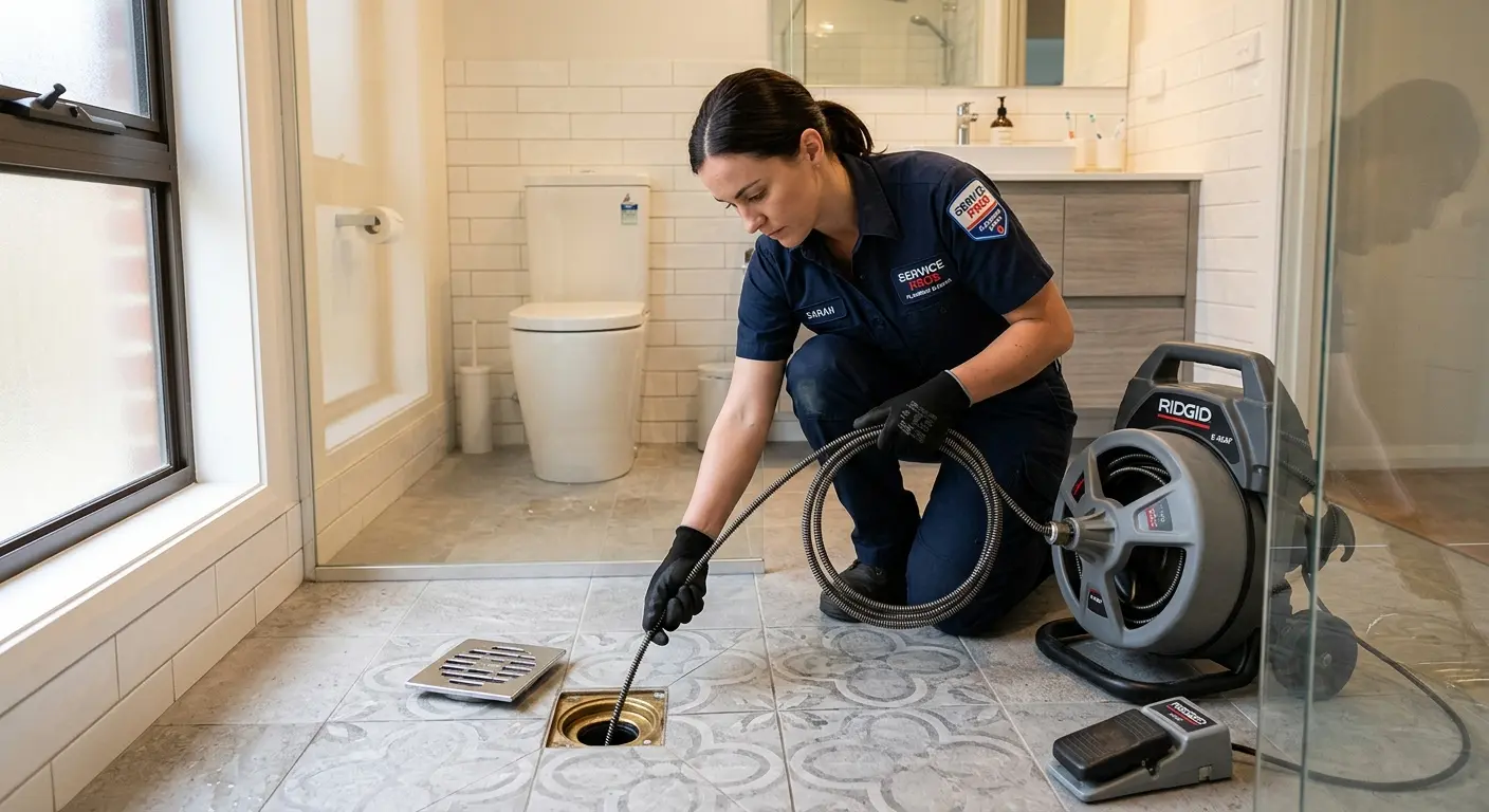 Technician clearing a bathroom floor drain for Clogged Drain Repair in Concord